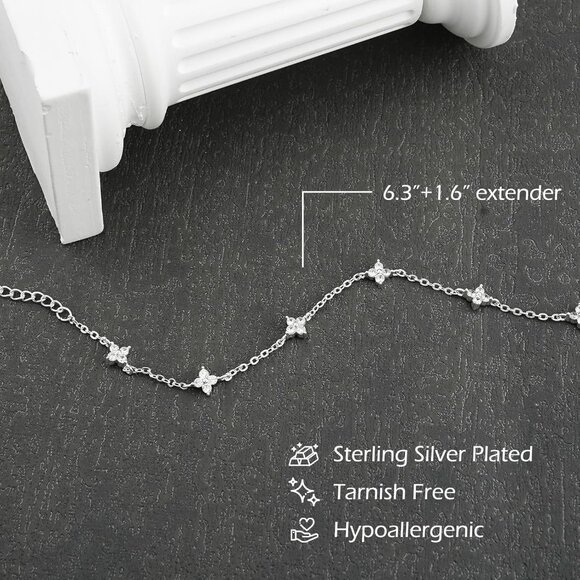 Sterling Silver Round Clover Link Chain Ring Bracelet Hand Chain for Women - Picture 6 of 7